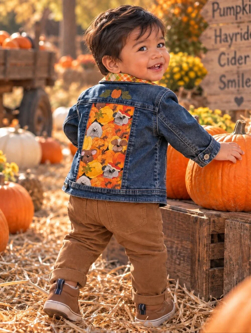 OshKosh Genuine Kids 18M One of a Kind Fall Pumpkin Dogs Denim Jacket